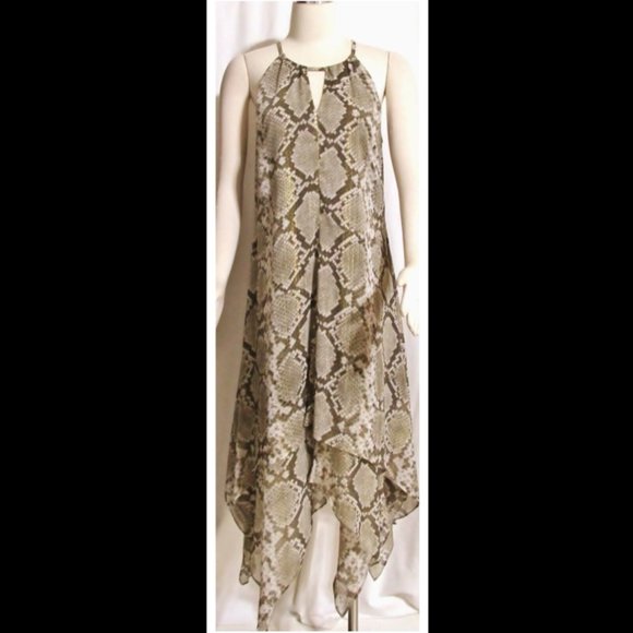 New Womens Ladies Brown & Gray Reptile Pattern Silky Asymmetrical Dress Medium - Picture 1 of 6
